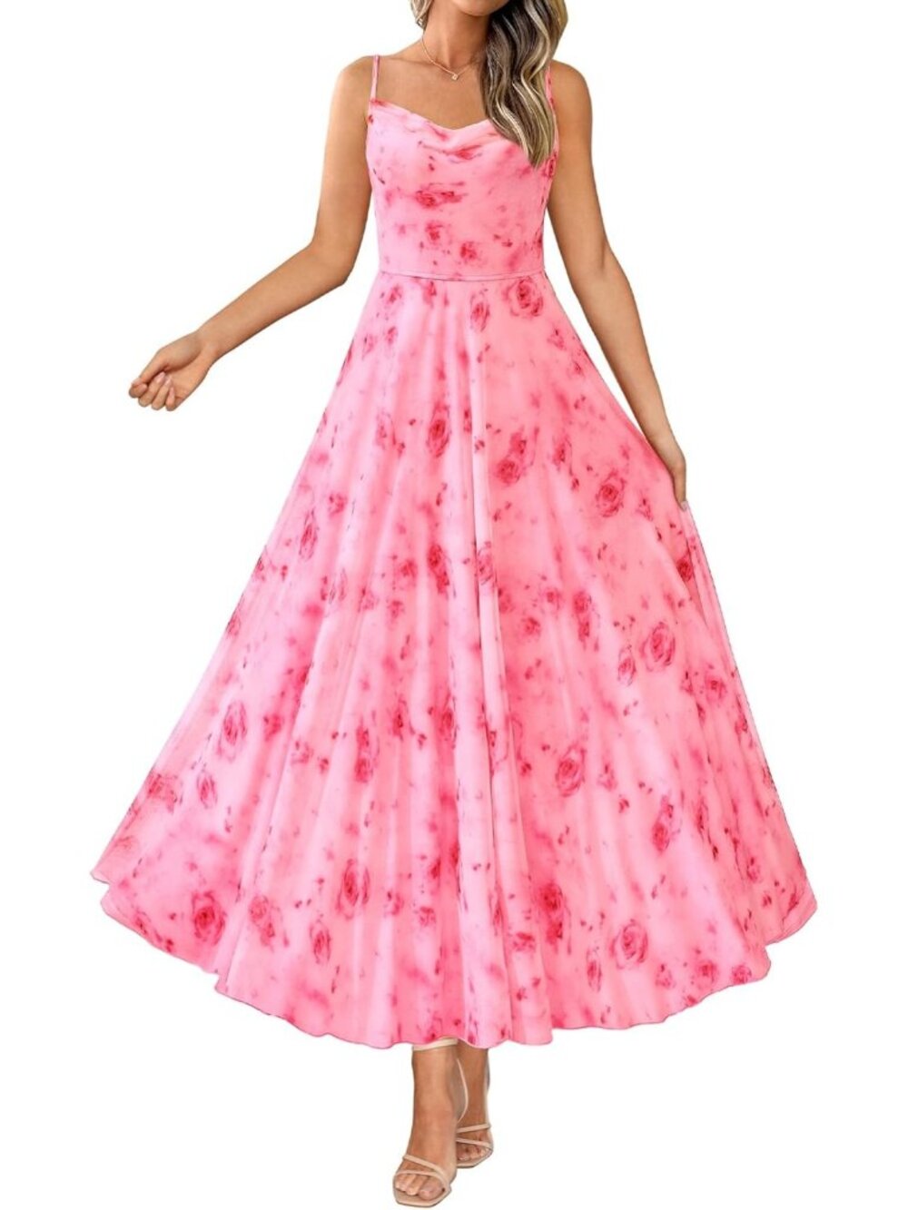 〽️Women's Pink Red Floral Maxi Dress Cowl Neck Boho Summer Beach Party
